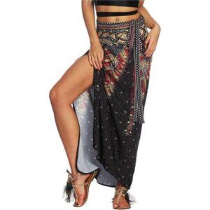 Boho Black Paisley Printed Long Wrap Maxi Skirt Asymmetrical Cover Up Skirt‎